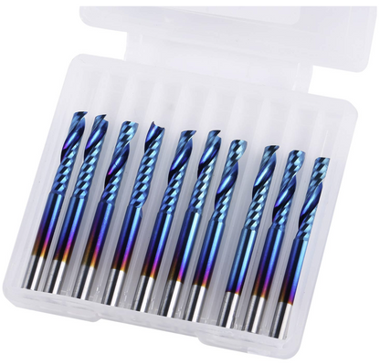 10Pcs Nano Blue Coat Flat Nose End Mill CNC Router Bits, 1/8" Shank Spiral Upcut Single 1 Flute End Mill Set (3.175 x 17 x 38mm)