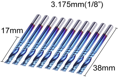 10Pcs Nano Blue Coat Flat Nose End Mill CNC Router Bits, 1/8" Shank Spiral Upcut Single 1 Flute End Mill Set (3.175 x 17 x 38mm)