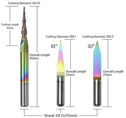 3PCS V-Shape Tapered Ball Nose End Mills for Aluminum