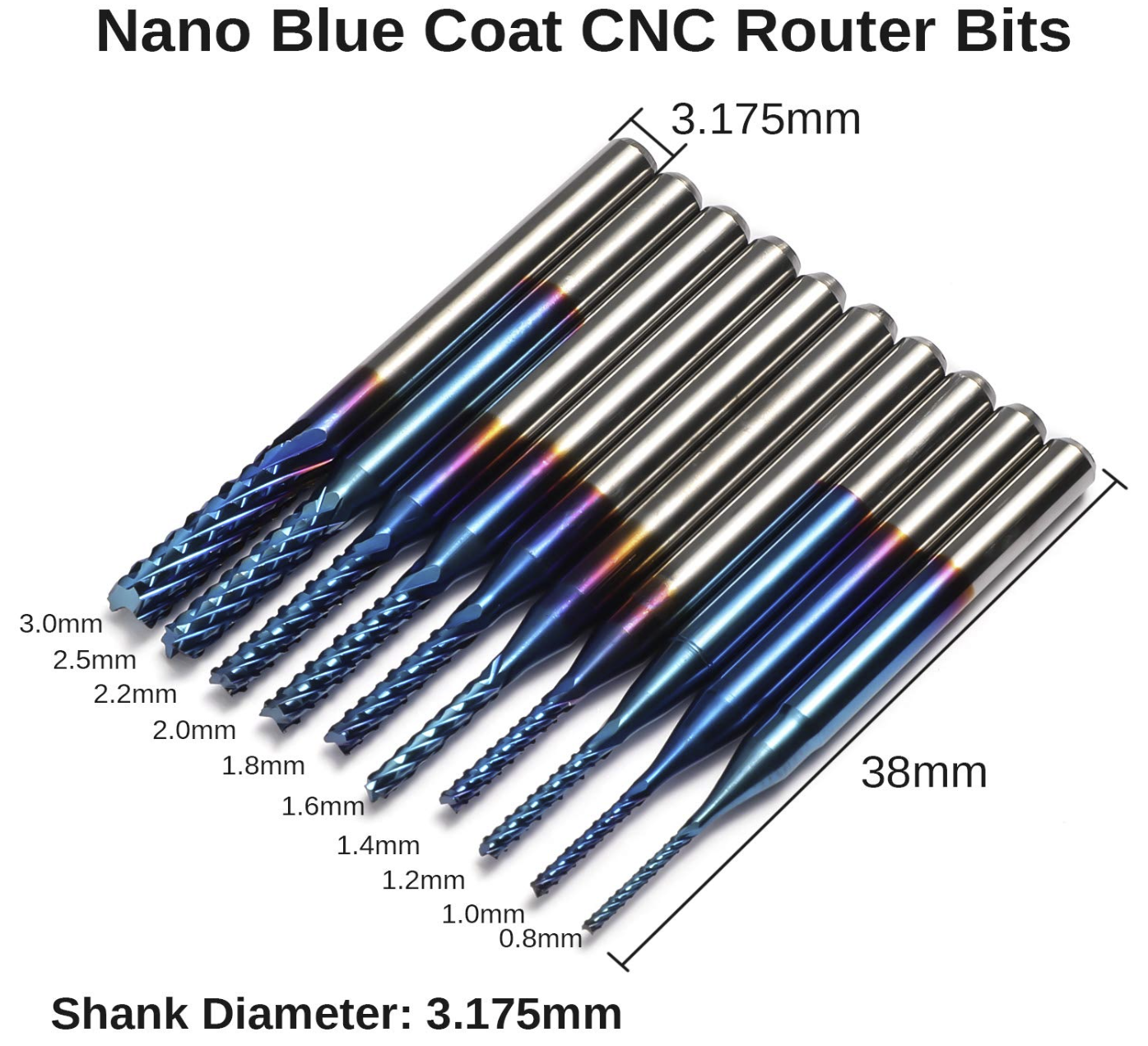 40pcs End Mills CNC Router Bits, 1/8" Shank CNC Cutter Milling Carving Bit Set Including 2-Flute Flat Nose & Ball Nose, Nano Blue Coat & Titanium Coat