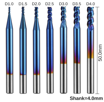 7pcs 3-Flute Square End Mill for Aluminum Applications, Nano Blue Coat CNC Router Bits 4mm Shank