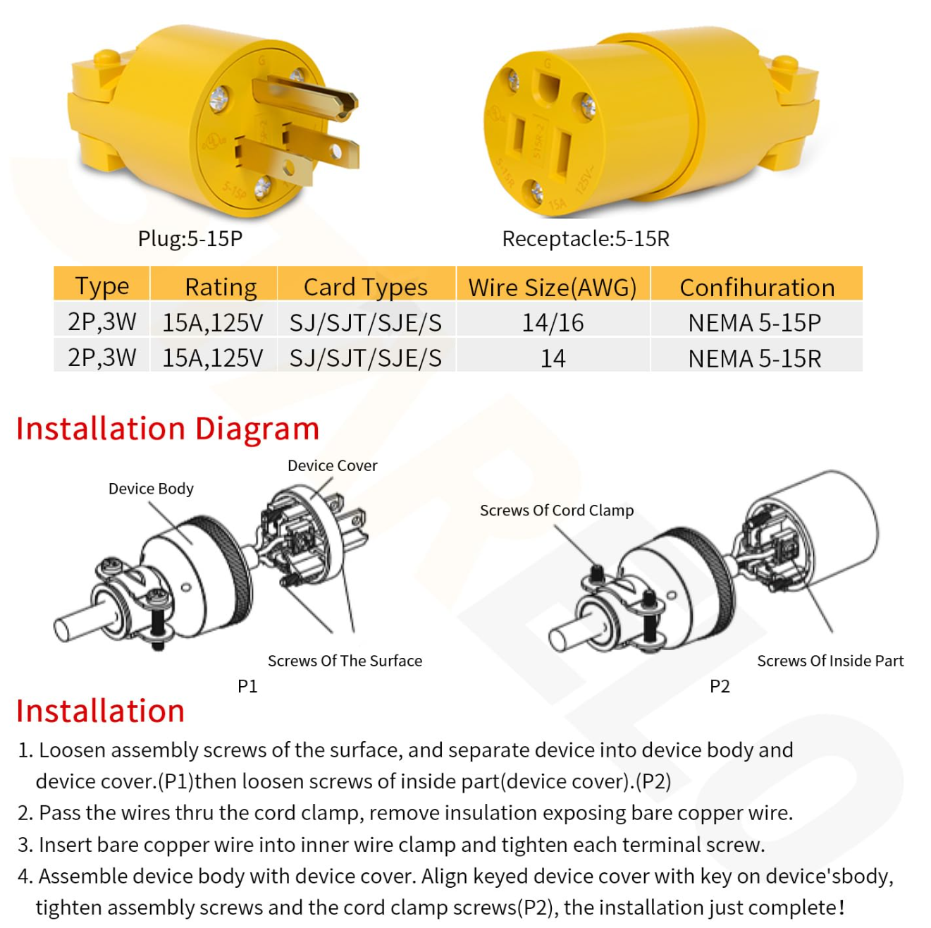 5-15P Male STARELO Electrical Replacement Plug Extension Cord Ends