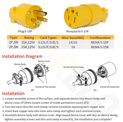 5-15P Male STARELO Electrical Replacement Plug Extension Cord Ends