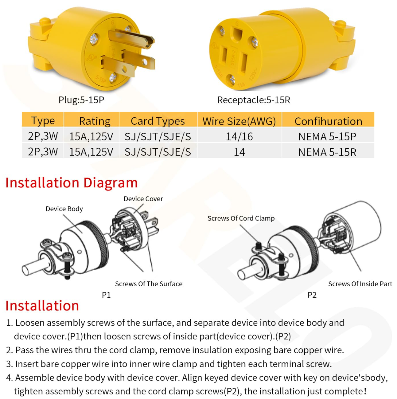 5-15R Female STARELO Connector Extension Cord Ends