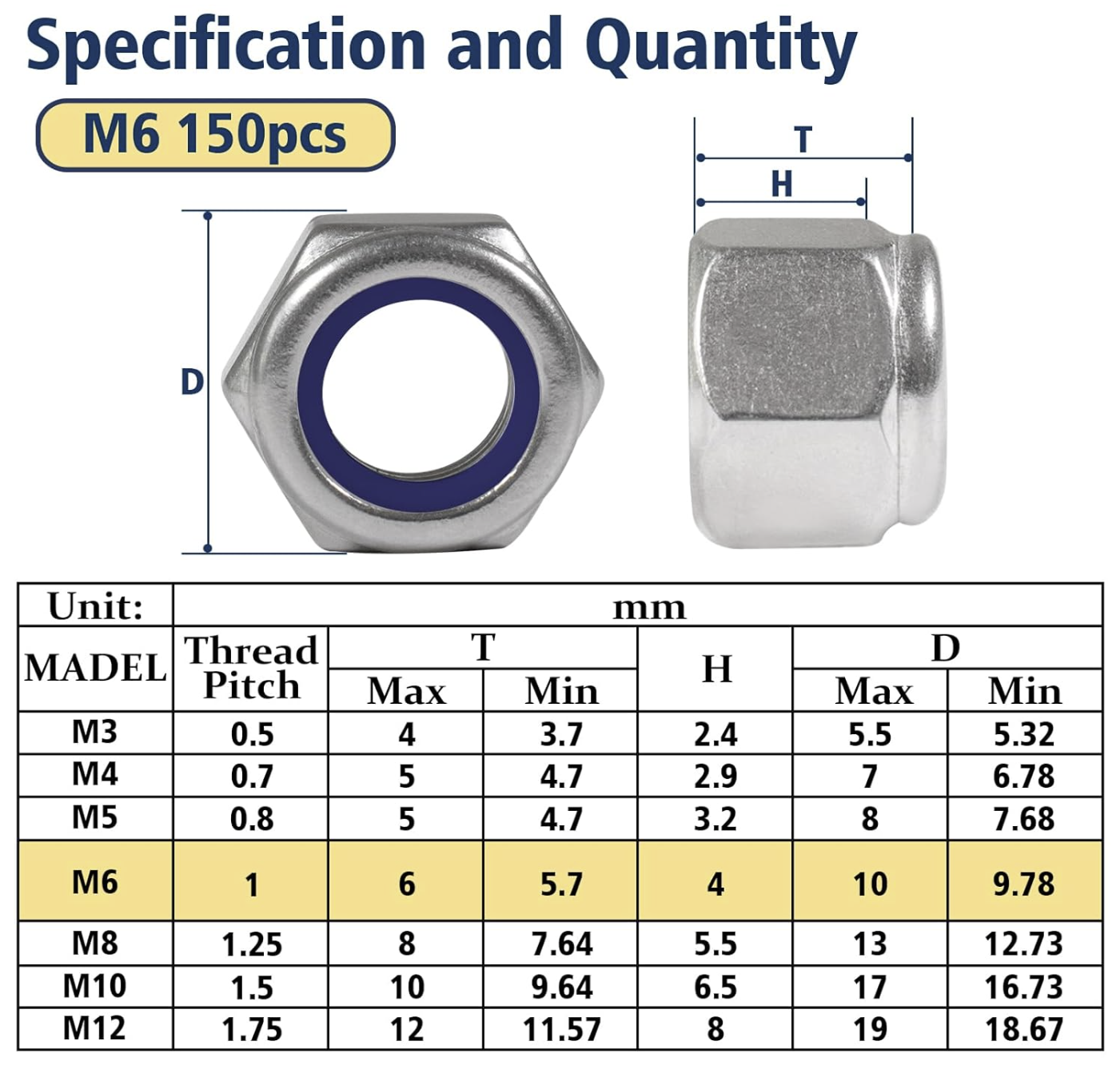 Nut M6-1.0mm Nylon - Hexagon - Stainless Steel 304