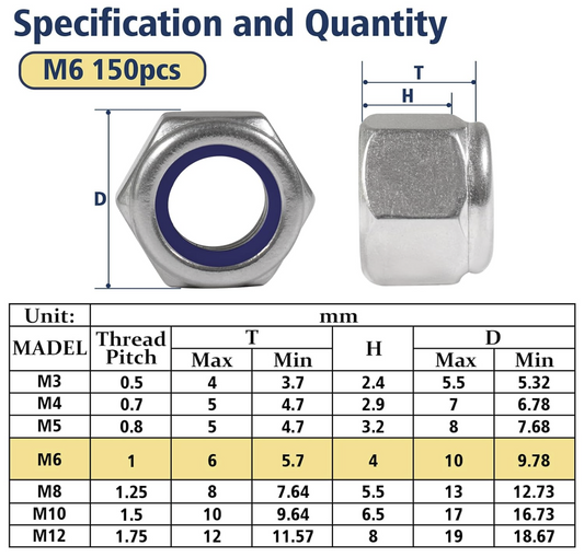 Nut M6-1.0mm Nylon - Hexagon - Stainless Steel 304